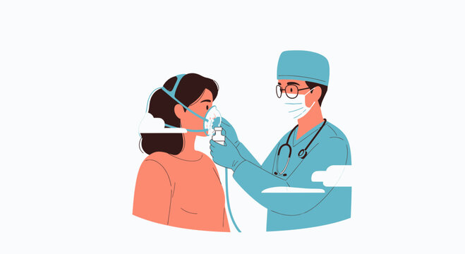 Doctor Administering Oxygen Therapy to Patient with Mask, Medical Care Illustration