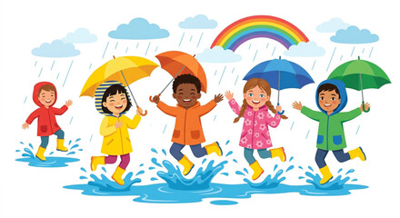 Fototapeta premium Colorful kids playing in rain puddles, rainbow, umbrellas, rain boots, happy children