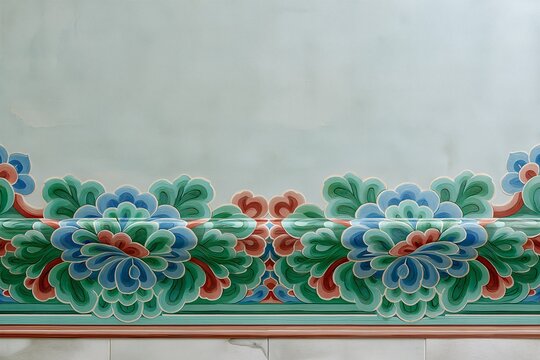Korean dancheong painted beam border on white wall traditional pattern background