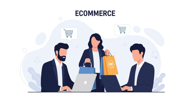 E-commerce business concept: team working on online shopping and retail with laptops and shopping bags