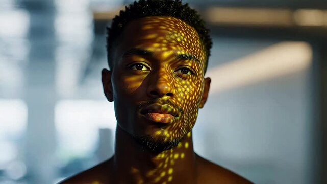 Portrait of man with light pattern on face