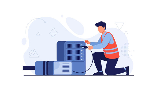 IT Technician Connecting Server Rack with Cable - Data Center Maintenance and Network Setup