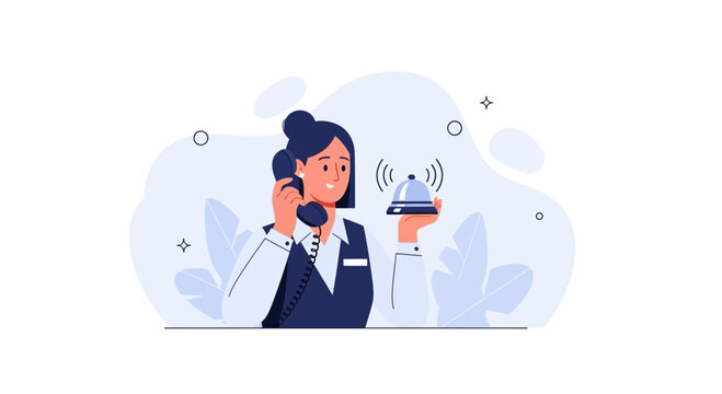 Hotel Receptionist Answering Call and Ringing Bell, Customer Service Concept Vector Illustration