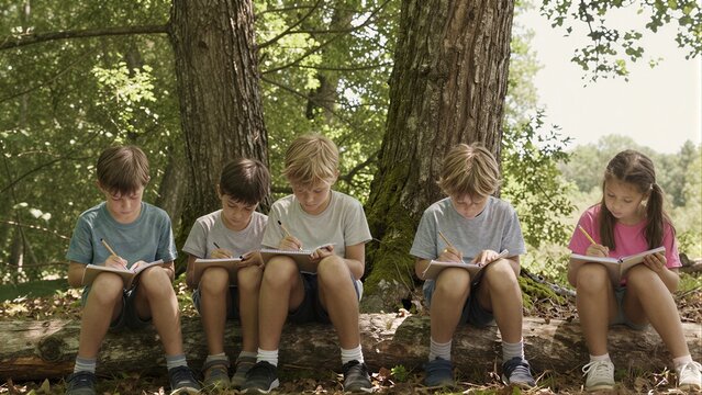 Five children write in notebooks while sitting on a log in a sunlit forest.