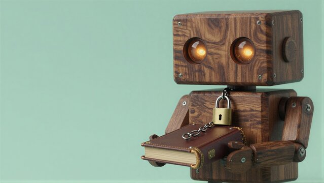 Wooden robot holds locked book, glowing eyes suggest wisdom or secrets.