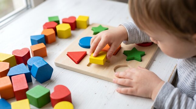 Child playing with colorful wooden shape sorter toy