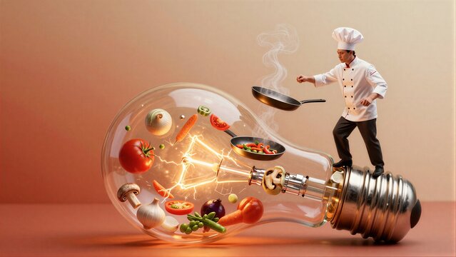 Chef cooks inside glowing bulb with vibrant vegetables and lightning sparks.