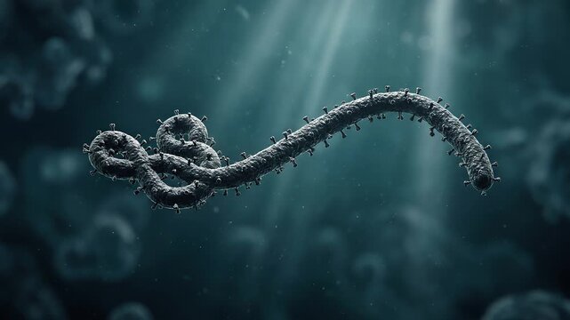 3D render of a giant Ebola filovirus filament slowly emerging from deep darkness as a glowing microscopic pathogen structure
