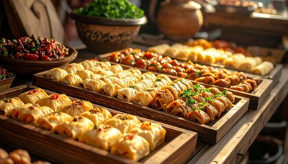 Obraz premium Delicious assortment of Middle Eastern pastries and appetizers on display.