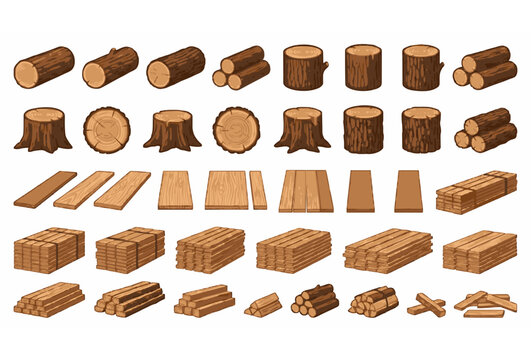 Wood Log Stump Plank Board Lumber Stack Pile Firewood Timber Forestry Industry Cartoon Vector Illustration Mega Set