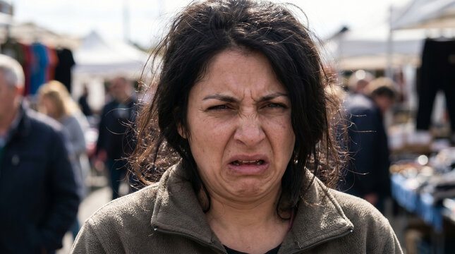 Disgusted woman making repulsed face at street market