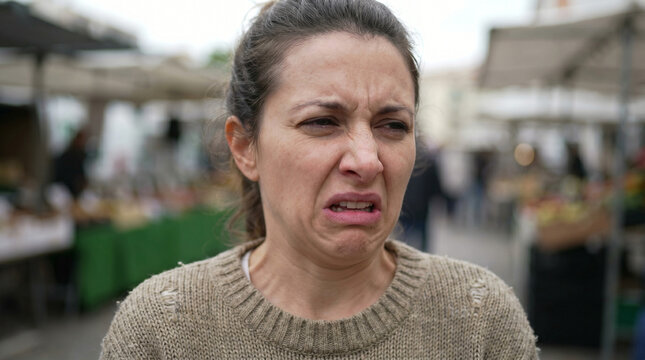 Repulsed woman showing deep disgust at outdoor market