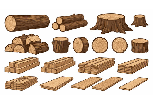 Wood Logs Planks Lumber Stump Firewood Stack Collection Cartoon Vector Illustration Timber Industry Nature Set