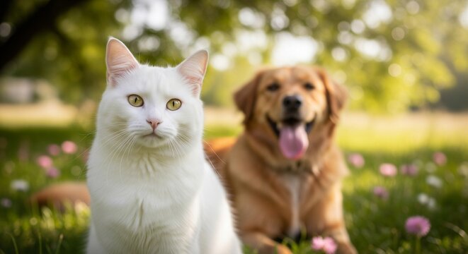 White cat and golden retriever dog sitting together in sunny green park meadow with flowers