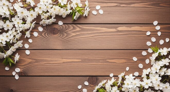 White Cherry Blossoms Frame on Rustic Wooden Table Background, Spring Floral Border for Product Mockup, Copy Space for Text and Design