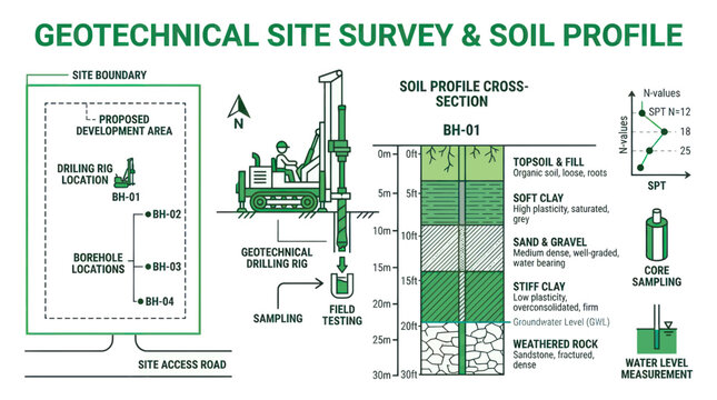 Geotechnical Site Survey and Soil Profile Cross-Section Illustration