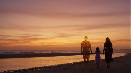 Fototapeta premium Silhouetted family walks hand-in-hand along beach at golden sunset, embracing tranquility together.