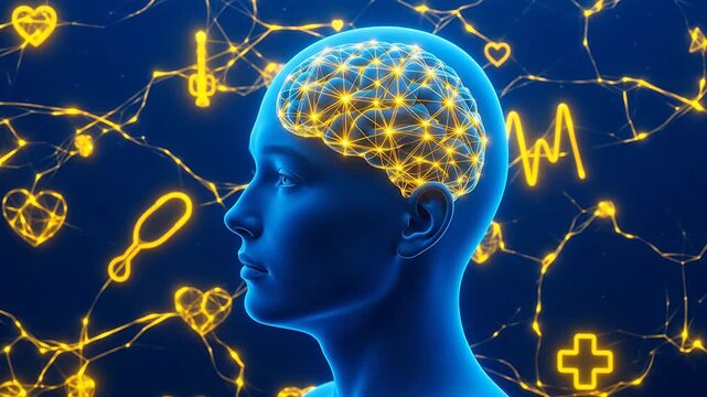 Human head with glowing brain network