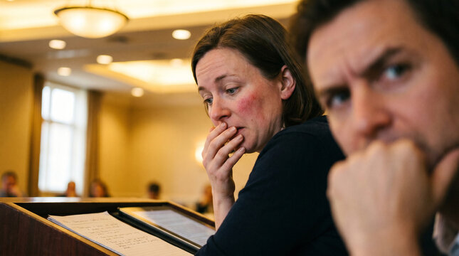 Anxious woman looking worried during stressful business meeting