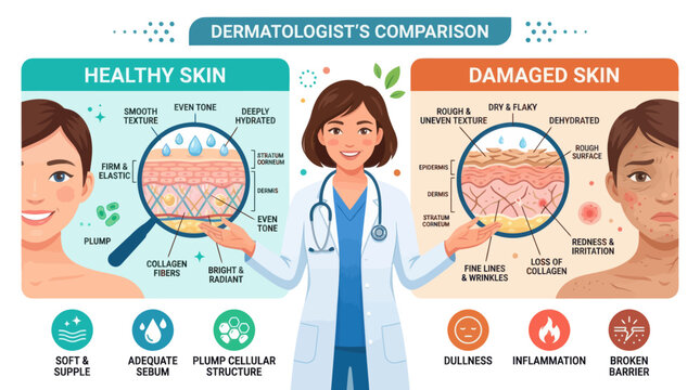 Healthy skin anatomy diagram showing cross section layers and collagen structure.
