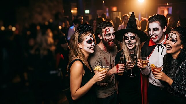 Group of friends in spooky halloween costumes laughing at a party