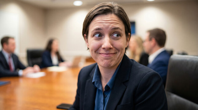 Skeptical businesswoman making funny face during corporate board meeting