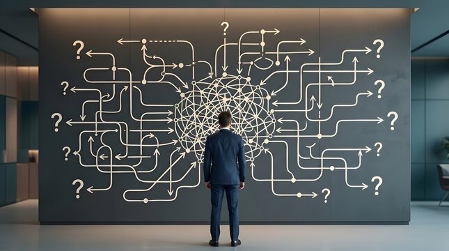 Businessman stands facing a complex network of interconnected lines and arrows symbolizing choices, decisions, and the challenges of problem-solving.