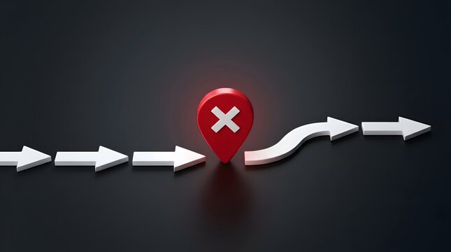 Red location marker with a white cross symbol signifies a wrong turn or error amidst a path of white arrows on a dark background.
