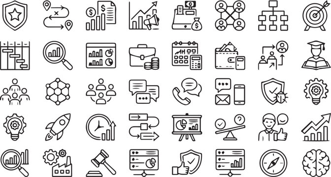 Editable Stroke Business Management Icons Pack Featuring Strategy Leadership Finance and Goal Setting Symbols