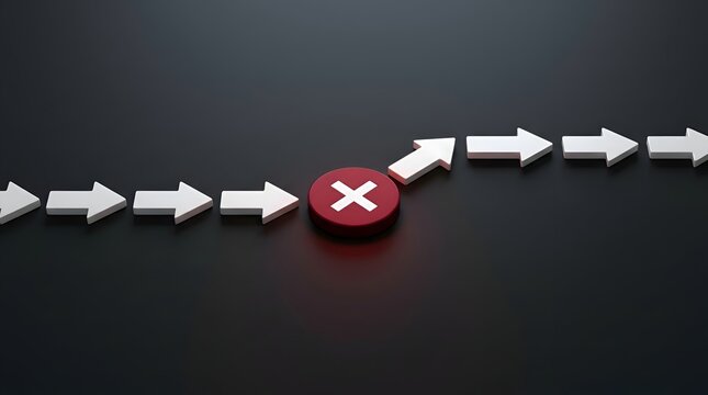 White arrows flowing in a line are diverted by a red button with a white cross symbol, representing obstacles and wrong turns.