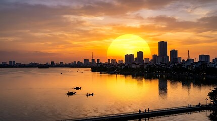 Fototapeta premium Golden sunset over city skyline and lake with boats