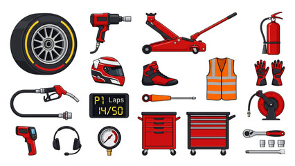 Naklejka premium Professional pit stop tools and racing equipment collection for car maintenance and motorsport service