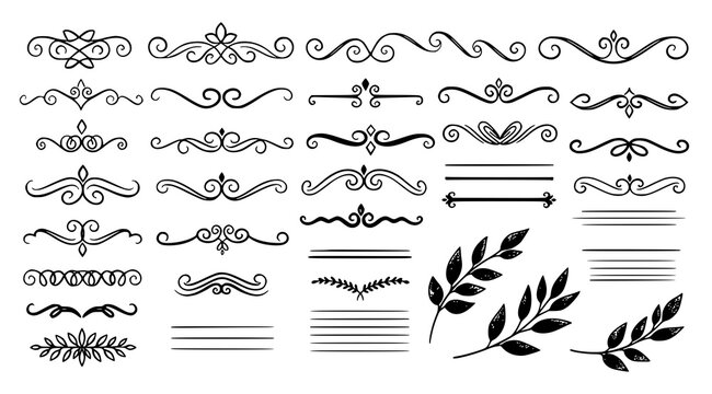 Hand drawn decorative flourish dividers and leafy floral text separators set