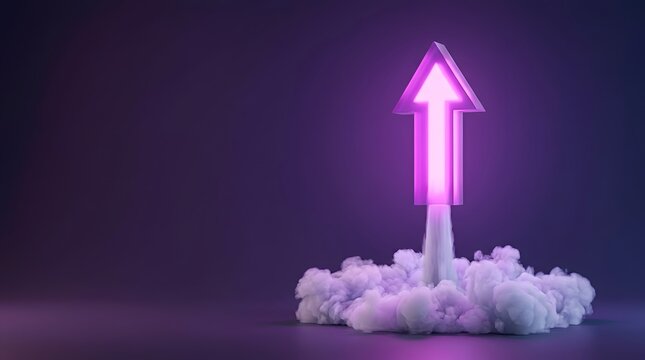 Glowing purple arrow symbol taking off with smoke and dramatic lighting, representing growth, success, and new beginnings.