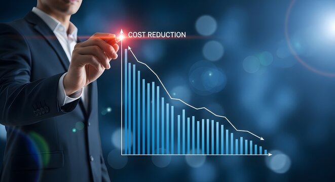 Cost reduction graph with business professional analyzing financial data