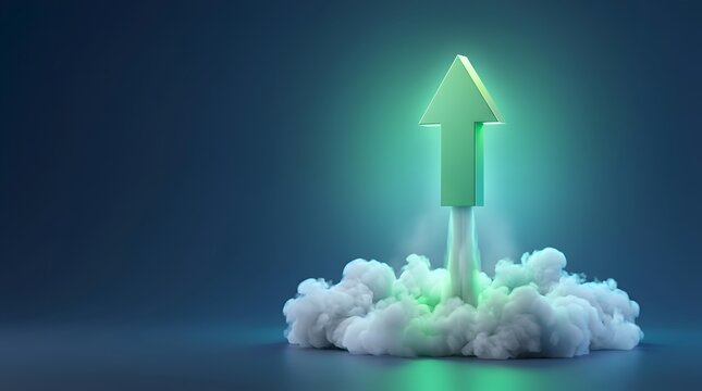 Green upward arrow launching like a rocket from a cloud of smoke, symbolizing growth and success.