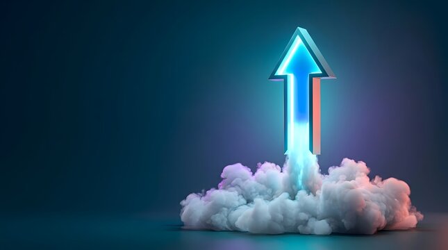 Bright blue arrow emerging from billowing white smoke, symbolizing upward growth, success, and a powerful launch.