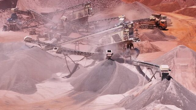 Wide Aerial View of an Aggregate Processing Plant With Conveyors and Stone Stockpiles