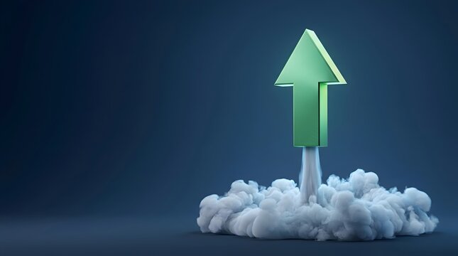 Green upward arrow launching through smoke and clouds, symbolizing financial growth, success, and rapid progress in business endeavors.