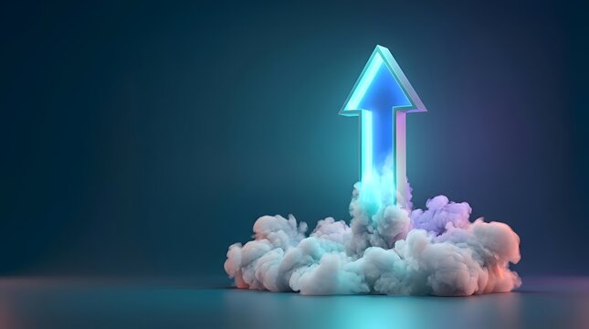 Glowing blue arrow launches upwards through colorful smoke, symbolizing rapid growth and success in business and technology