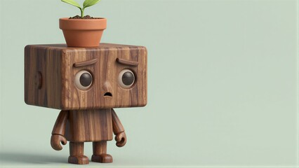 Obraz premium Wooden robot with potted plant on head, looks thoughtful against soft green background.