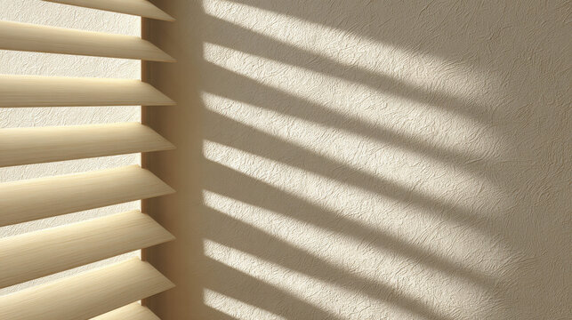 Sunlight casting striped shadows on a textured wall, with horizontal blinds on the left