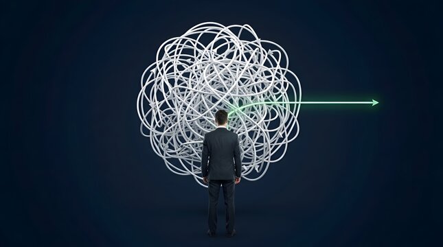 Businessman facing a complex tangled mess of white lines with a green arrow breaking through to success