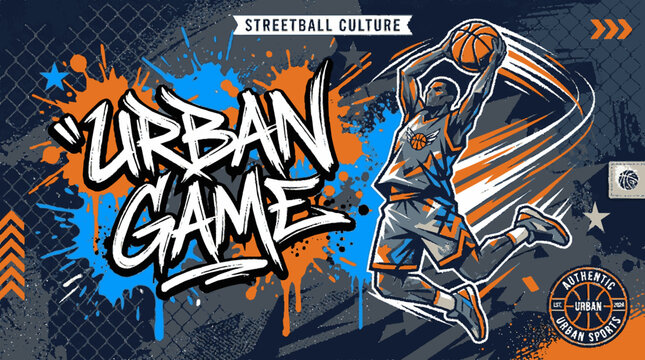 Urban streetball player dunking vector graphic with grunge graffiti style art