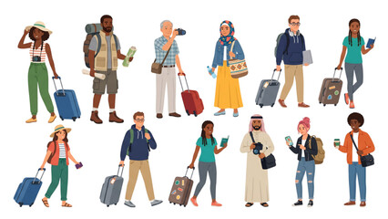 Fototapeta premium A vibrant and diverse collection of global travelers from various backgrounds and cultures, ready for their next adventure with luggage, representing inclusive tourism and exciting journeys