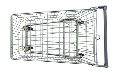 Horizontal top-down view of empty silver metal shopping cart, isolated PNG.Metal wireframe grocery shopping trolley horizontal view, design element for e-commerce © SUMMER72