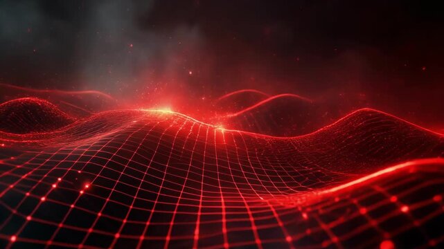 Abstract red digital wave pattern with glowing particles and dark background