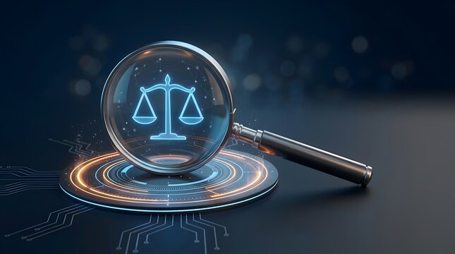 Digital scales of justice illuminated under a magnifying glass, symbolizing legal research and online law investigation.