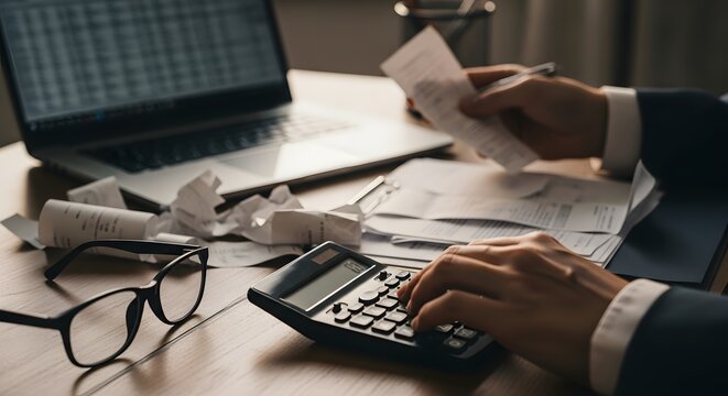 Businessman working with calculator and financial documents