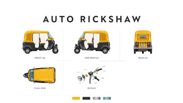 Colorful auto rickshaw vector illustration set with icons Vector